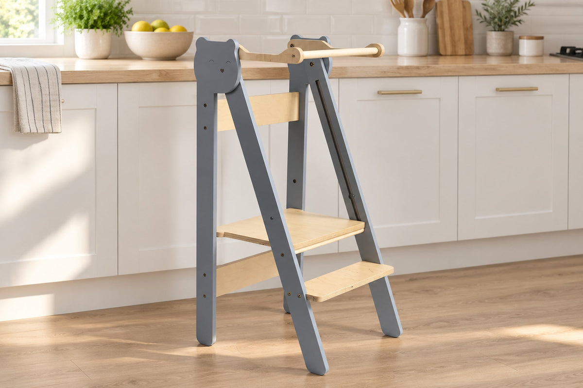 Tour d'apprentissage pliable en bois — se range à plat, dès 18 mois