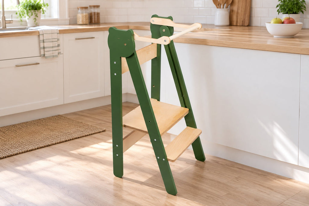 Tour d'apprentissage pliable en bois — se range à plat, dès 18 mois