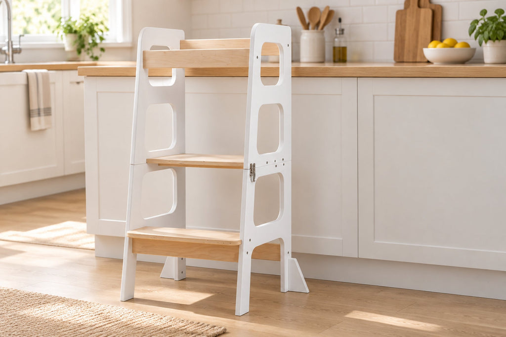 Tour d'apprentissage 3-en-1 en bois — tour, table et tableau noir