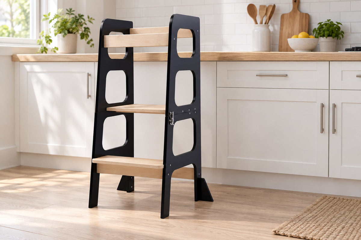 Tour d'apprentissage 3-en-1 en bois — tour, table et tableau noir