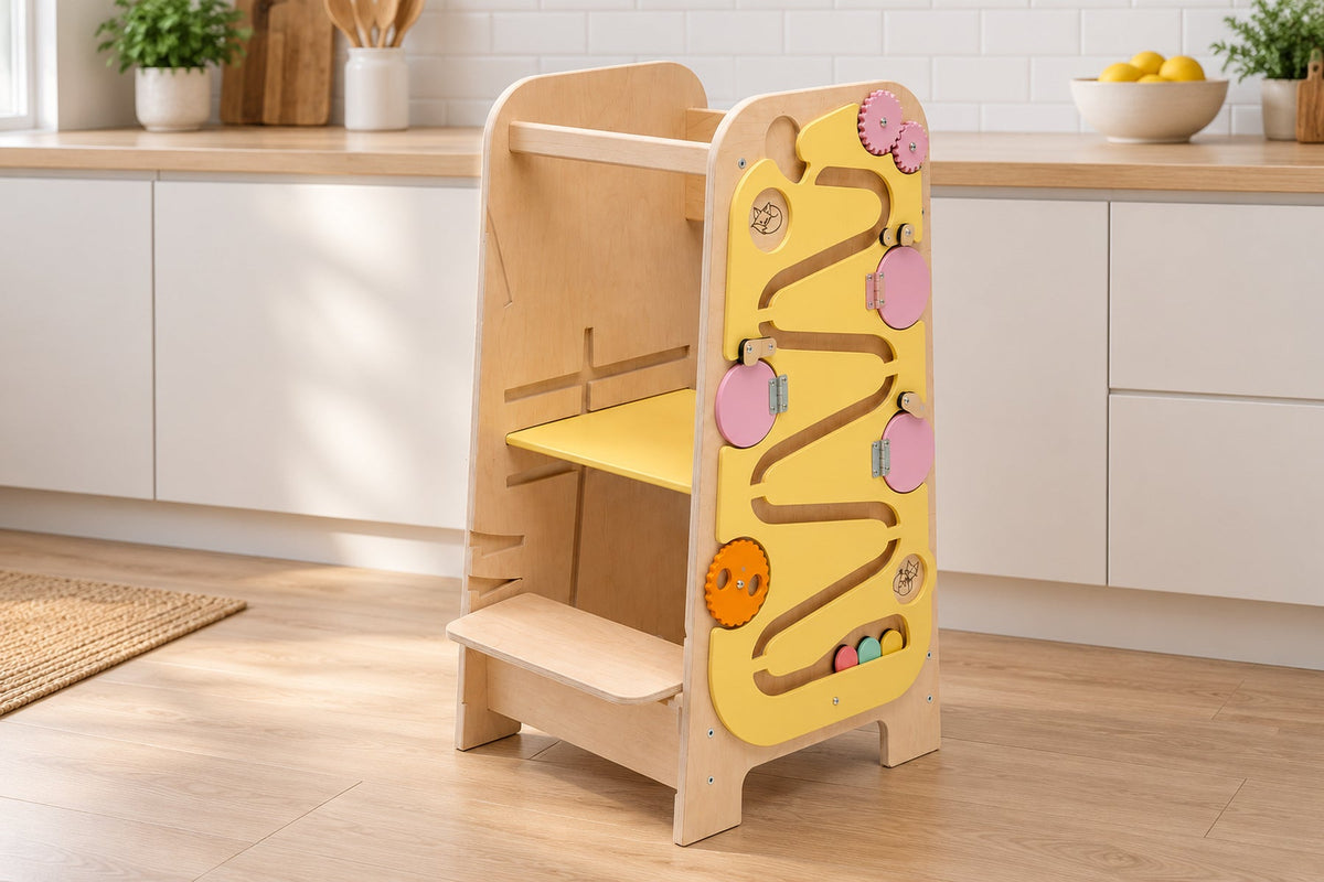 Tour d'apprentissage 5-en-1 avec busy board — bois, dès 18 mois
