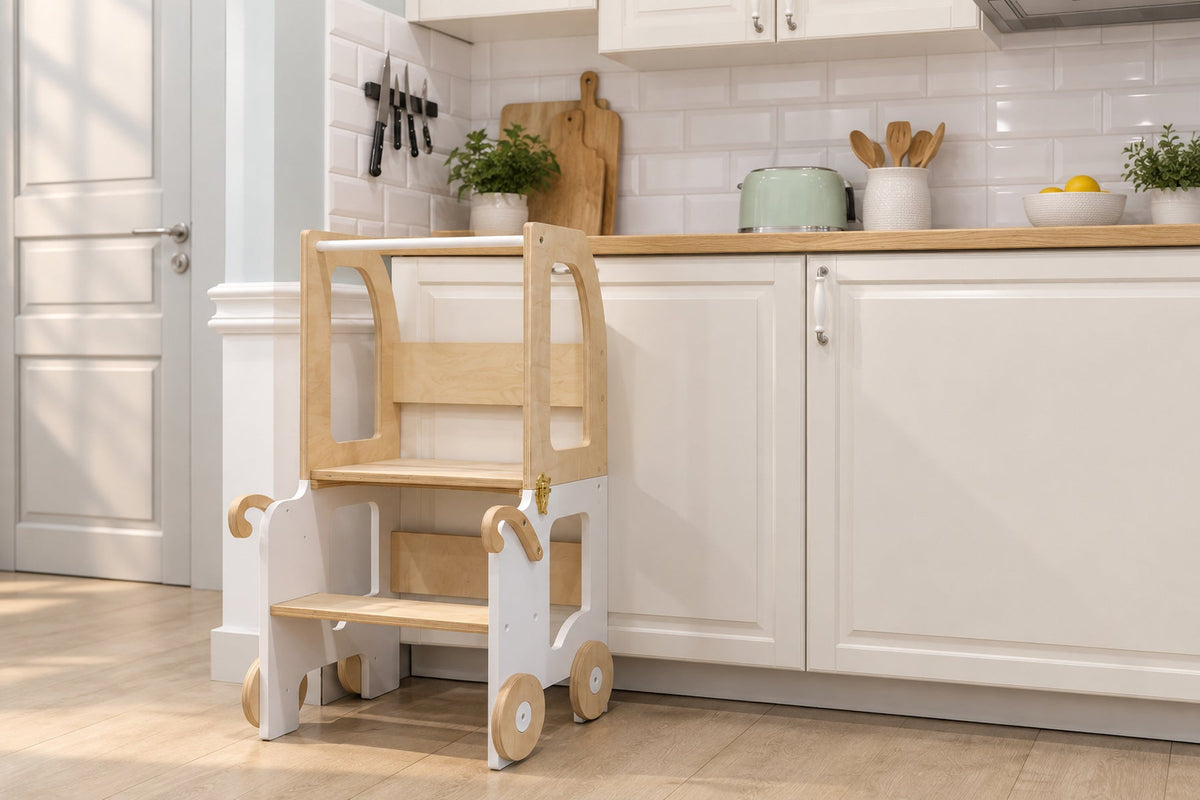 Tour d'apprentissage trolley 3-en-1 sur roulettes — bois, dès 18 mois