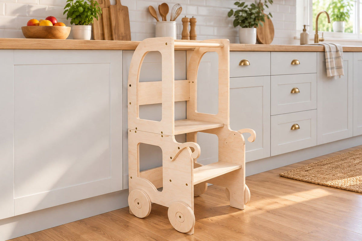 Tour d'apprentissage trolley 3-en-1 sur roulettes — bois, dès 18 mois