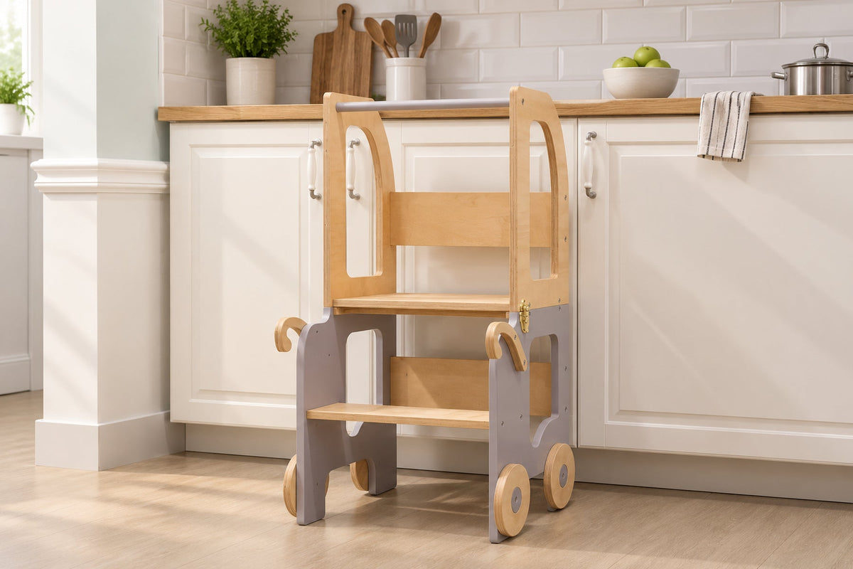 Tour d'apprentissage trolley 3-en-1 sur roulettes — bois, dès 18 mois