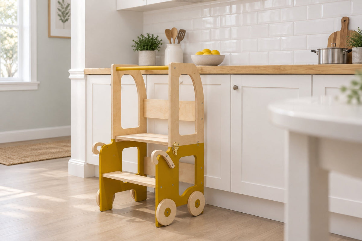 Tour d'apprentissage trolley 3-en-1 sur roulettes — bois, dès 18 mois