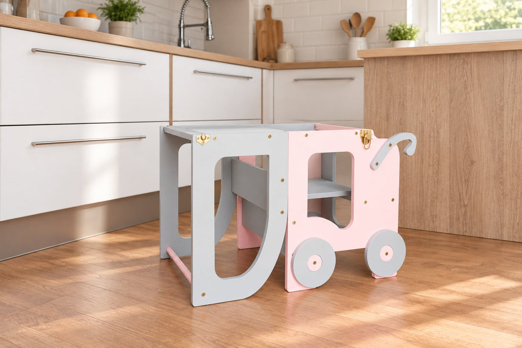Tour d'apprentissage trolley 3-en-1 sur roulettes — bois, dès 18 mois
