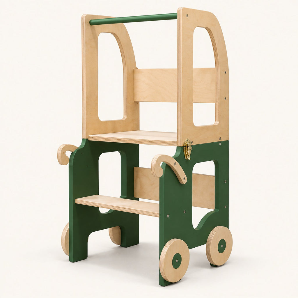 Tour d'apprentissage trolley 3-en-1 sur roulettes — bois, dès 18 mois
