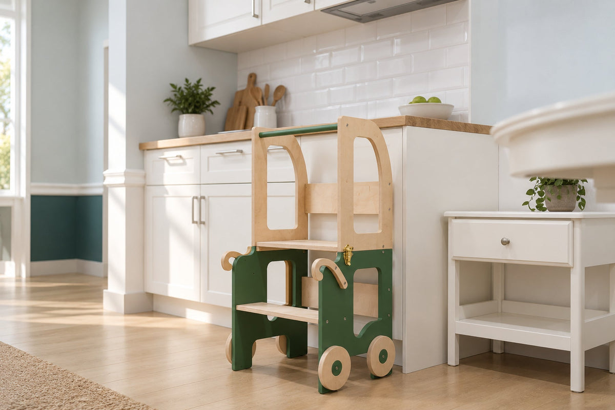 Tour d'apprentissage trolley 3-en-1 sur roulettes — bois, dès 18 mois