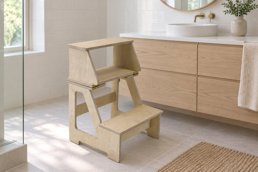 Marchepied pliant 2-en-1 en bois — chaise et marchepied enfant