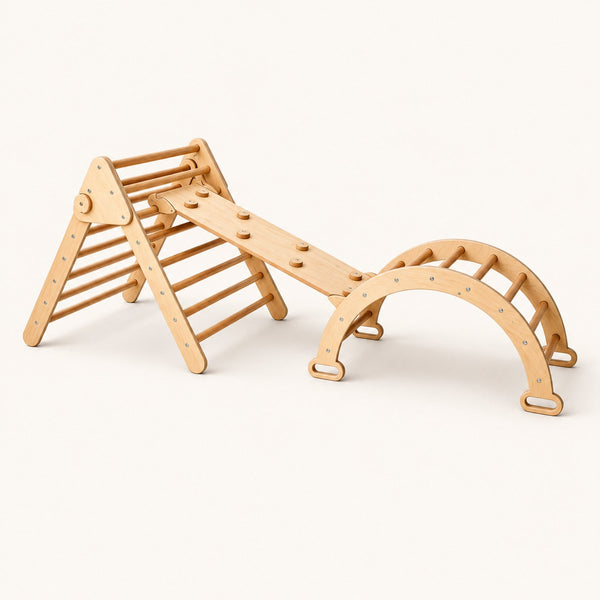 Ensemble Pikler 3 pièces — triangle, arche et rampe en bois