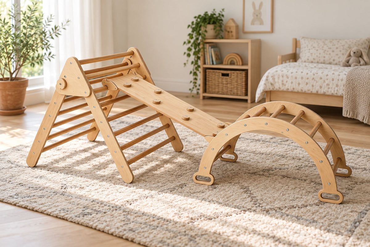 Ensemble Pikler 3 pièces — triangle, arche et rampe en bois