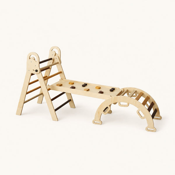 Grand kit Pikler — triangle pliable, toboggan et arche en bois