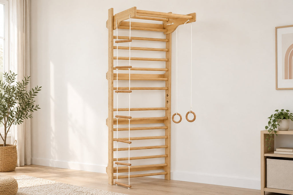 Structure d'escalade en bois avec anneaux de gymnastique