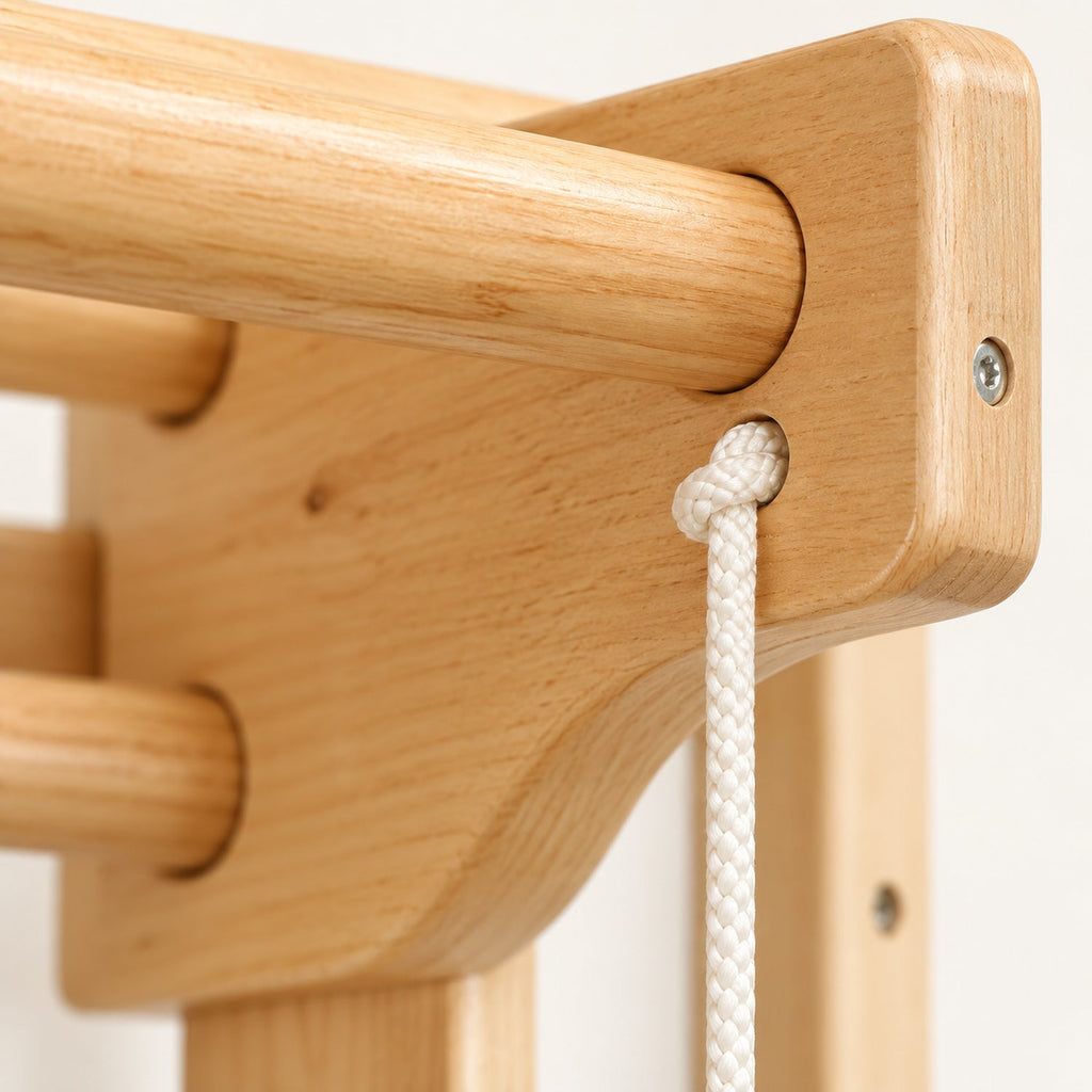 Structure d'escalade en bois avec anneaux de gymnastique