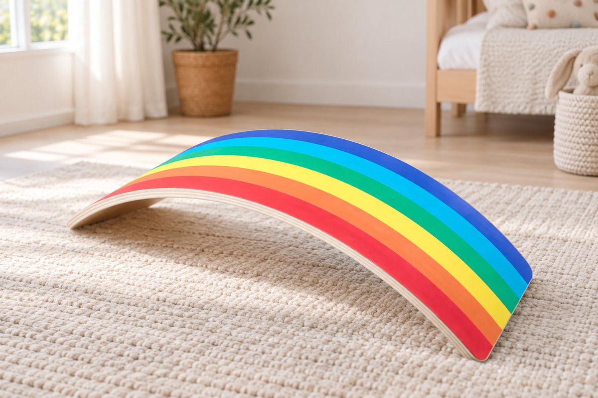 Planche d'équilibre arc-en-ciel en bois — dès 12 mois