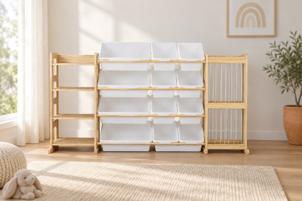 Étagère Montessori 4 niveaux — bacs, livres et filet