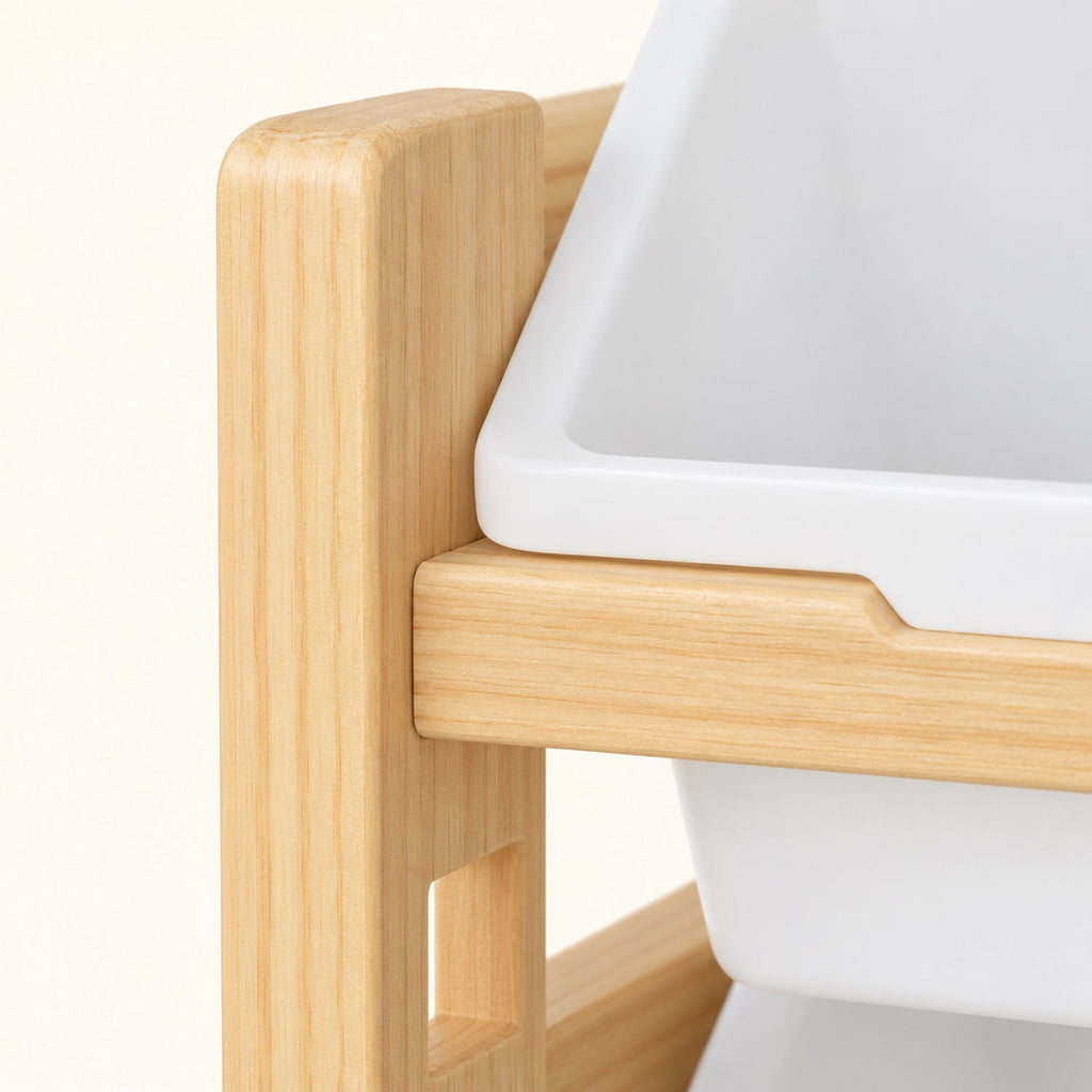 Étagère Montessori 4 niveaux — bacs, livres et filet