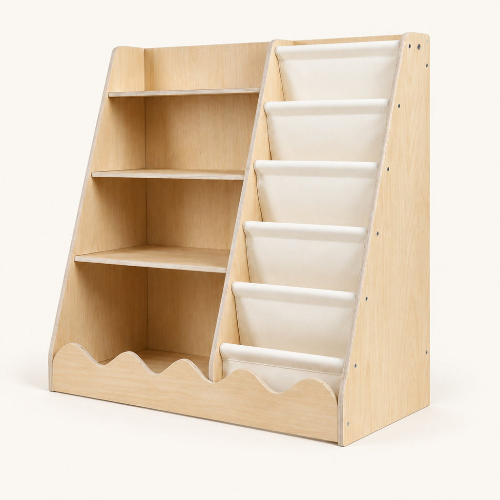 Étagère Montessori basse 3 niveaux avec 6 bacs