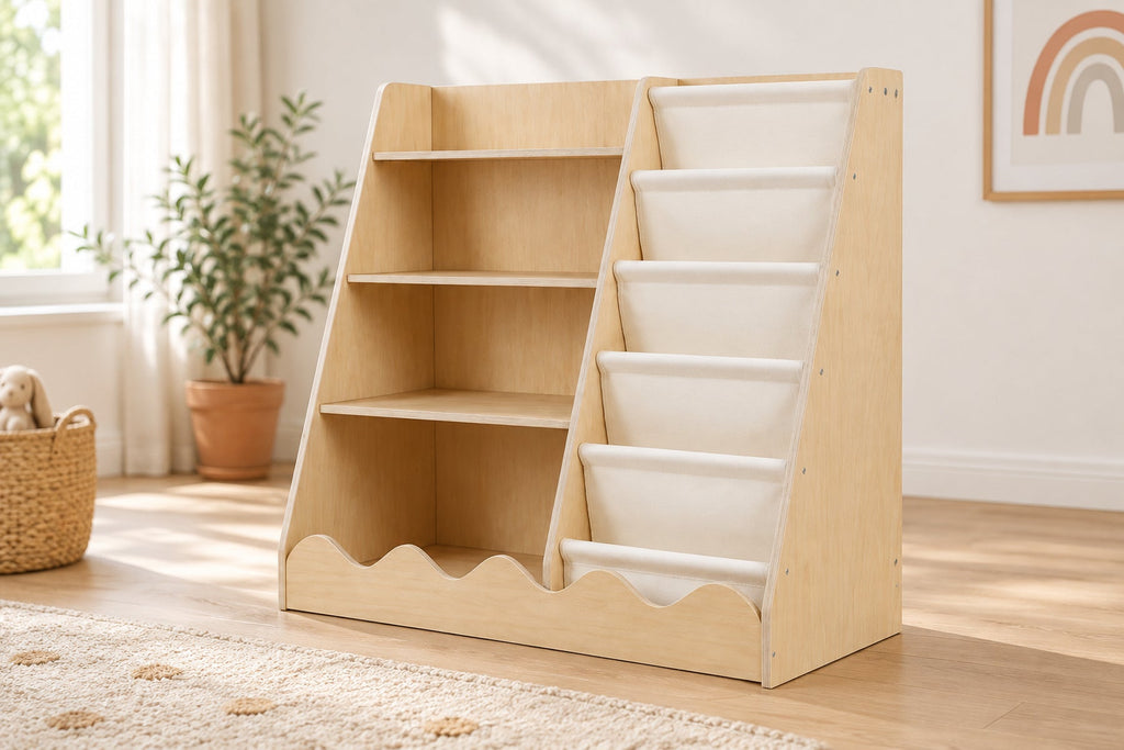 Étagère Montessori basse 3 niveaux avec 6 bacs