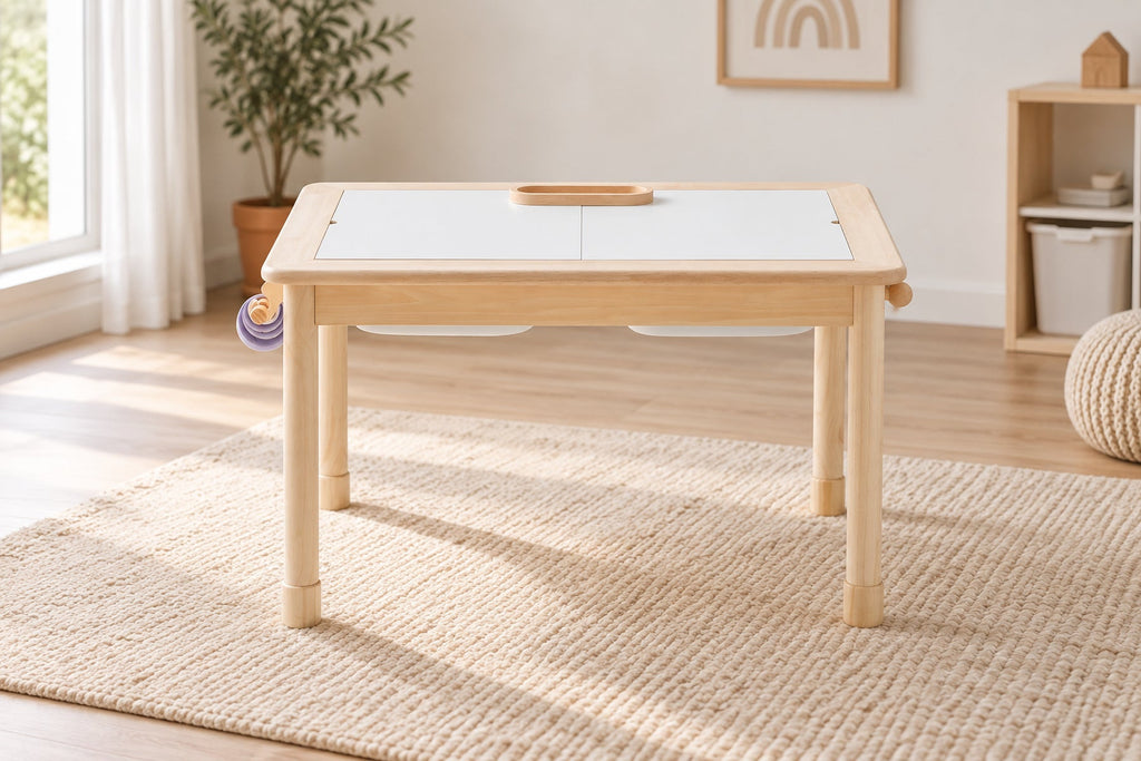 Table sensorielle réglable — eau, sable et semoule