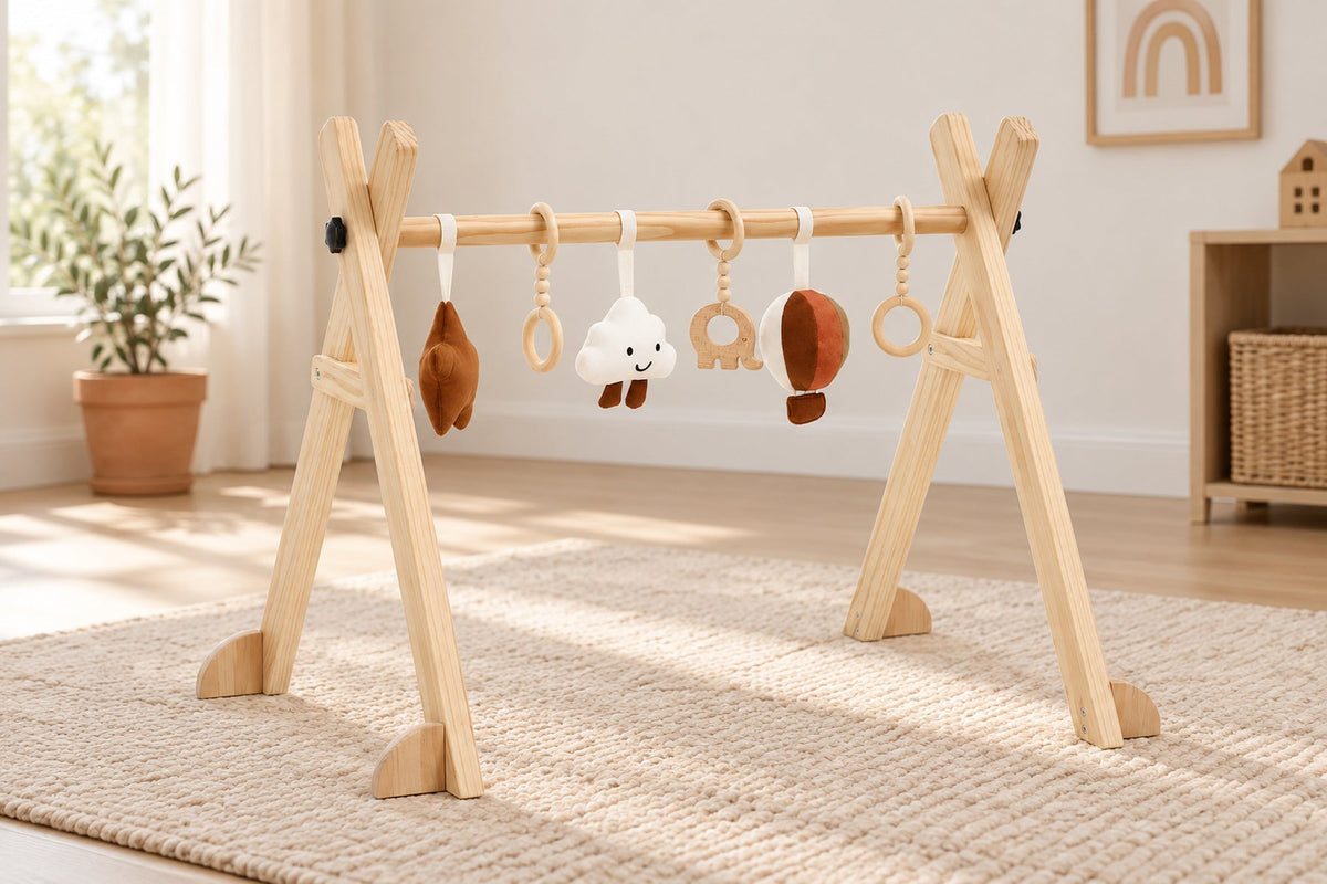 Portique d'éveil en bois avec suspensions — dès la naissance
